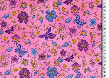Organic Cotton Baumwolle Blumenranken und Schmetterlinge auf Rosa
